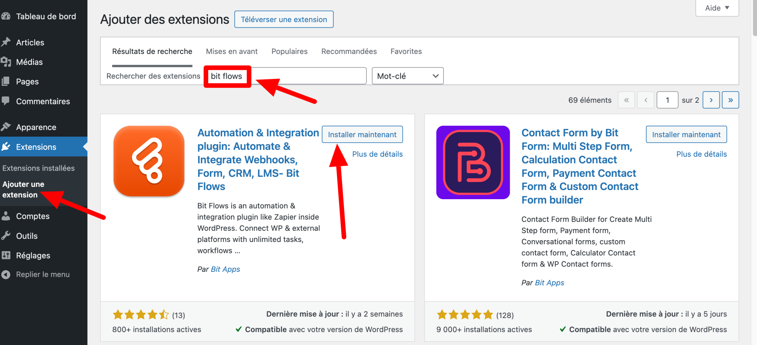 Ajout de l'extension Bit Flows sur WordPress.