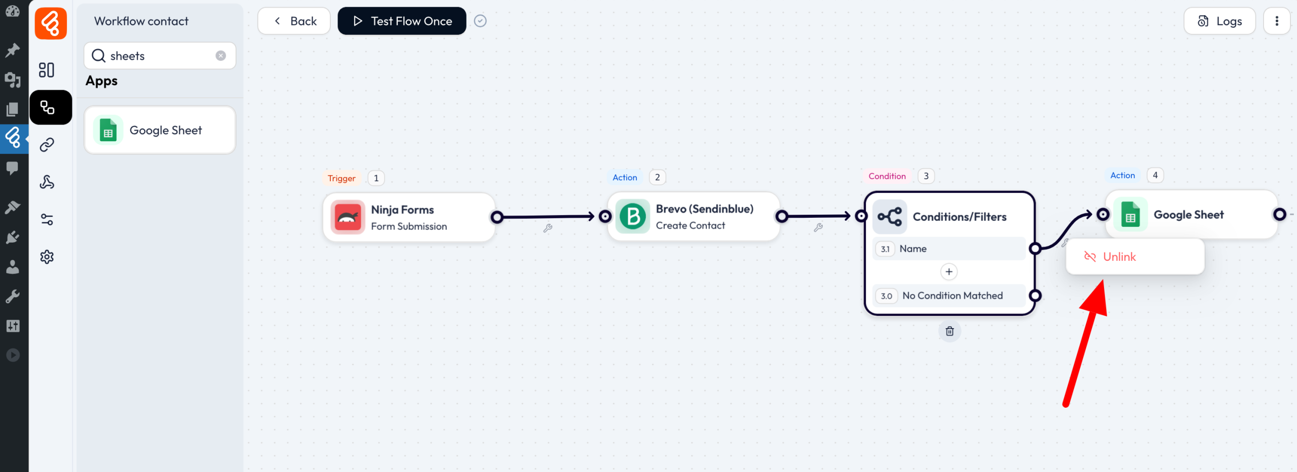 Screenshot of a flow created with Bit Flows, with a red arrow pointing to the "Unlink" button between actions.