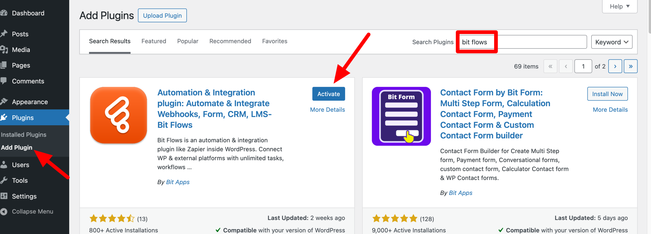 Screenshot of the WordPress admin with a red arrow pointing to the "Add Plugin" tab and another arrow pointing to the "Activate" button for the Bit Flows plugin.