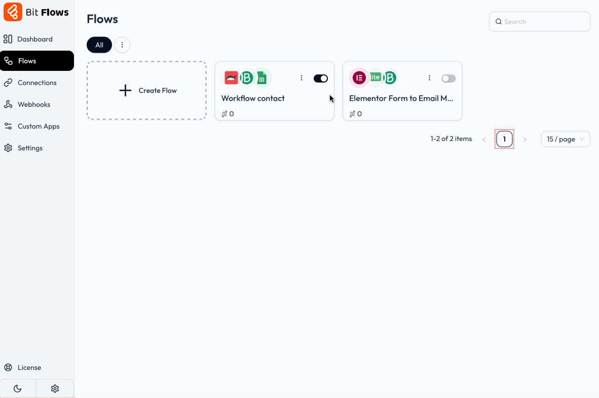 Gif showing the options and toggling on/off for workflows created with Bit Flows.