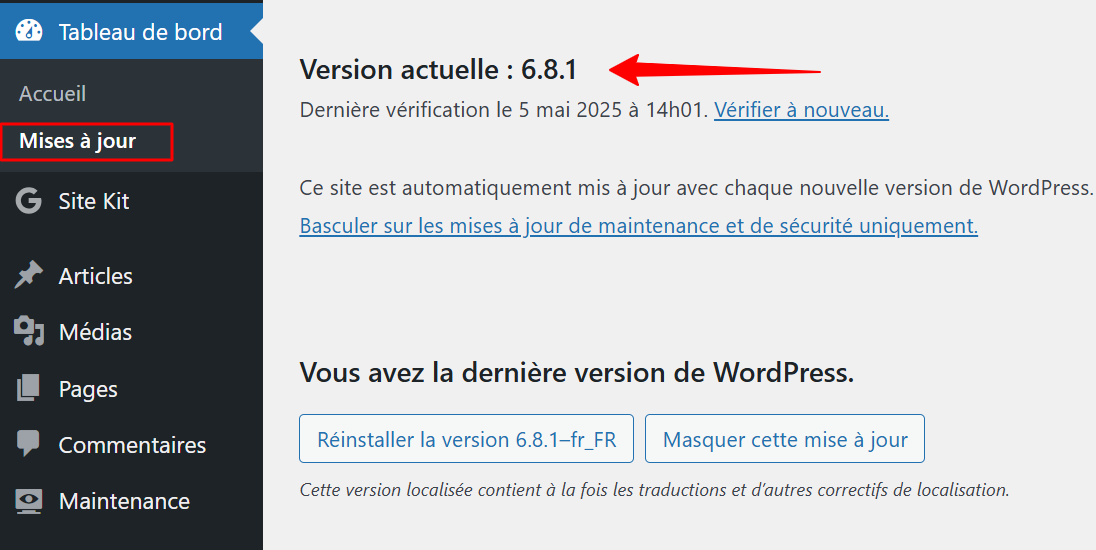 Le tableau de bord de WordPress