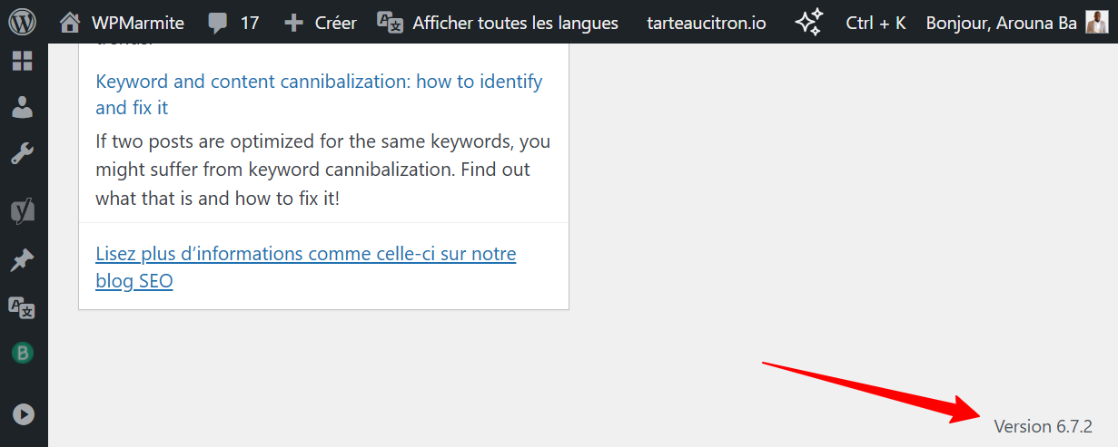 La version de WordPress en bas de l'interface d'administration