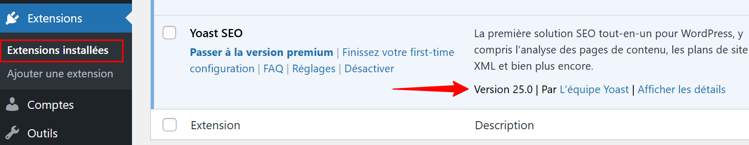 La version du plugin WordPress Yoast SEO