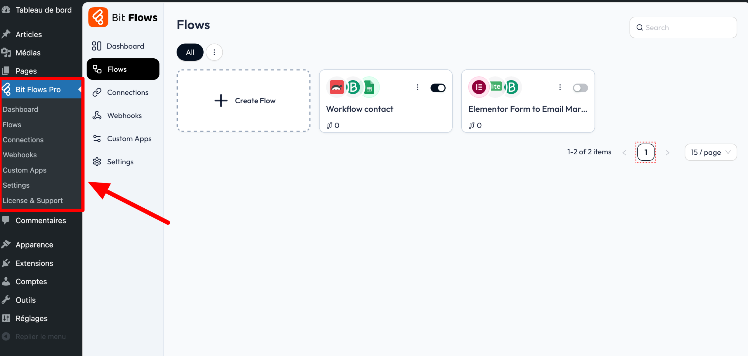 Le menu de Bit Flows sur la barre latérale de WordPress.