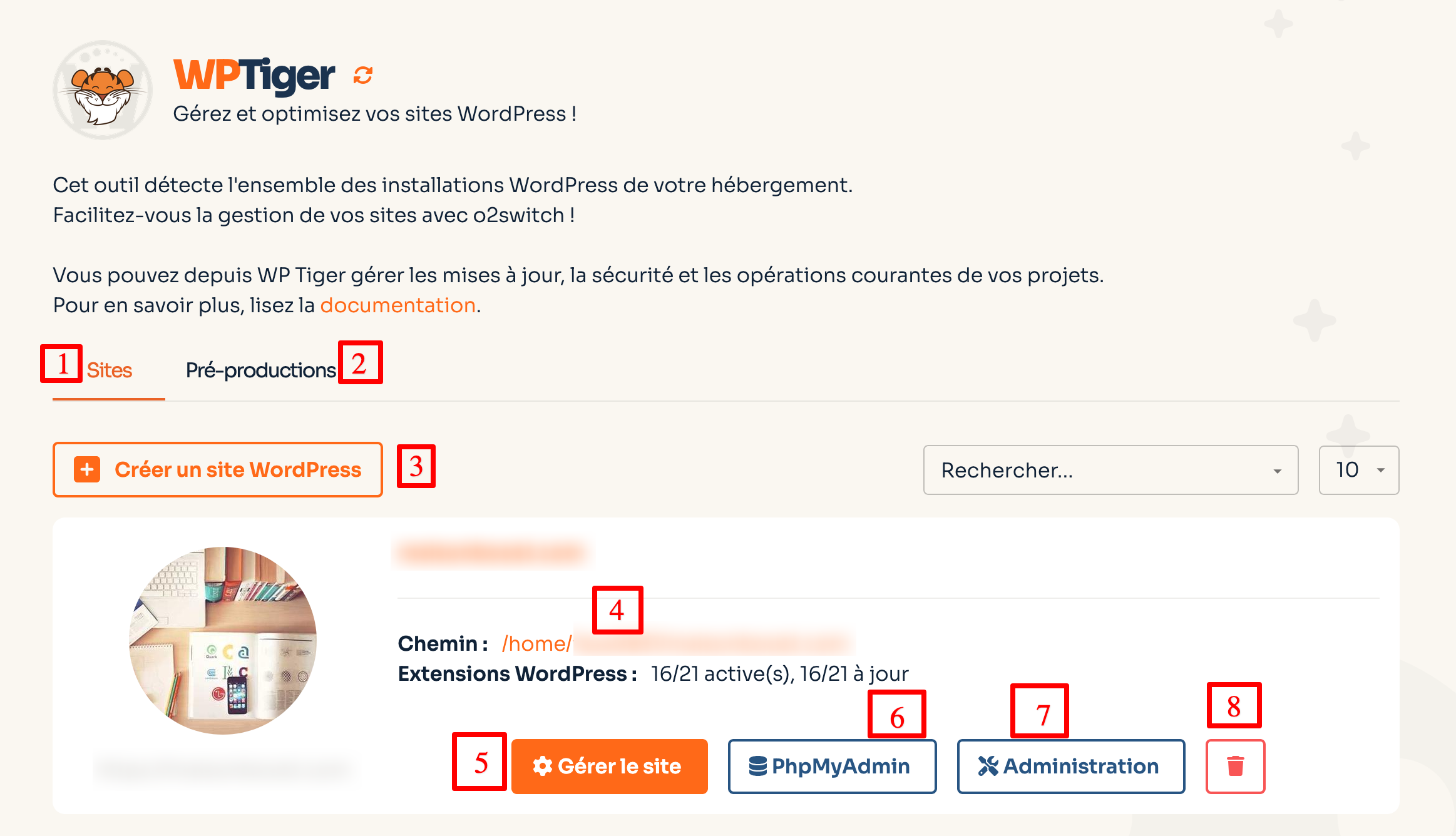 Les menus de WP Tiger sur o2switch.