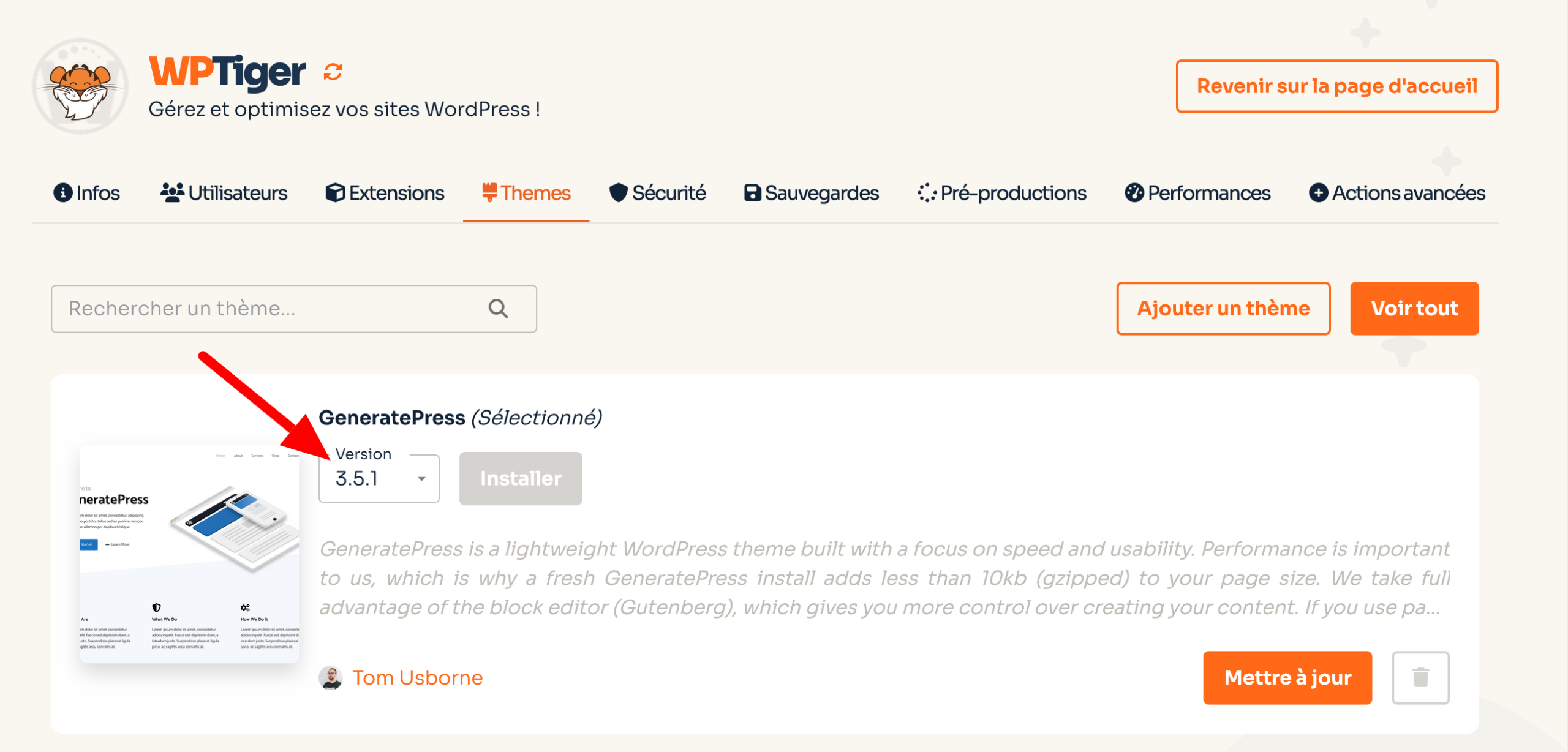 Modification de la version d'un thème sur WP Tiger.
