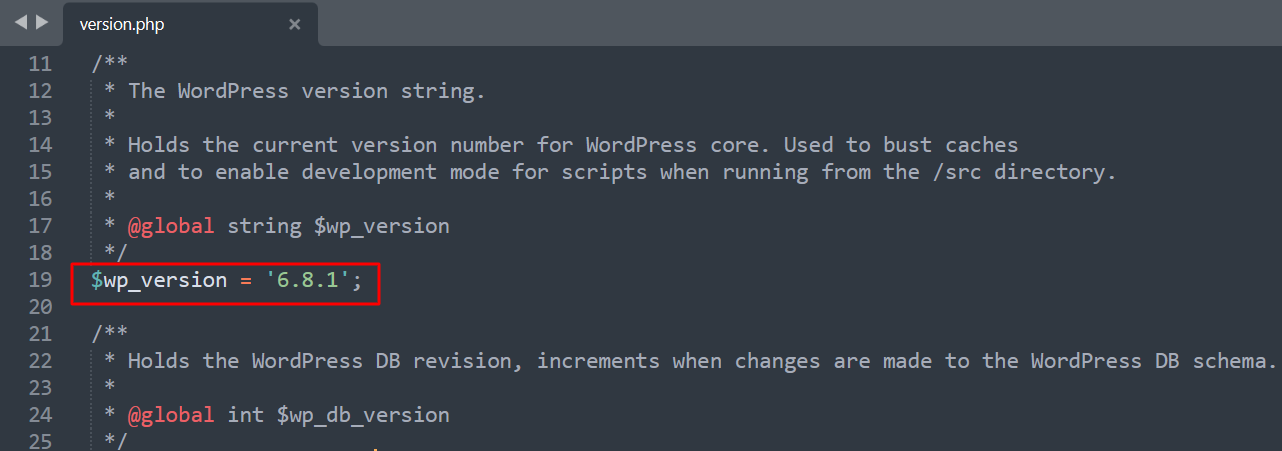 The version.php file showing the WordPress version number.