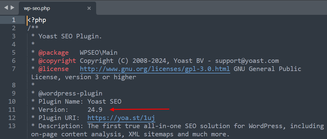 The wp-seo.php file, with a red arrow pointing to the version number of Yoast SEO in the code.