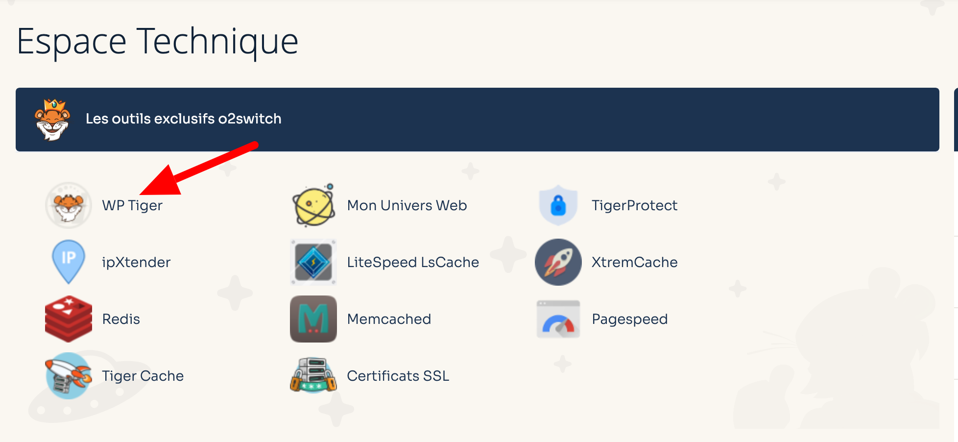 Le menu WP Tiger sur le cPanel d'o2switch.