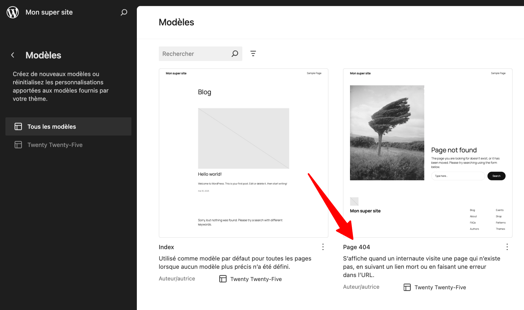 Le modèle de page 404 de WordPress