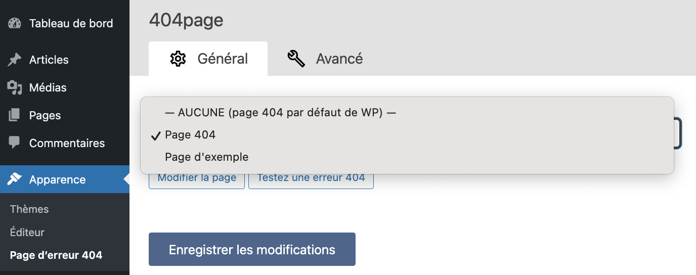 Sélection de la page 404 avec le plugin Smart Custom 404 Error Page