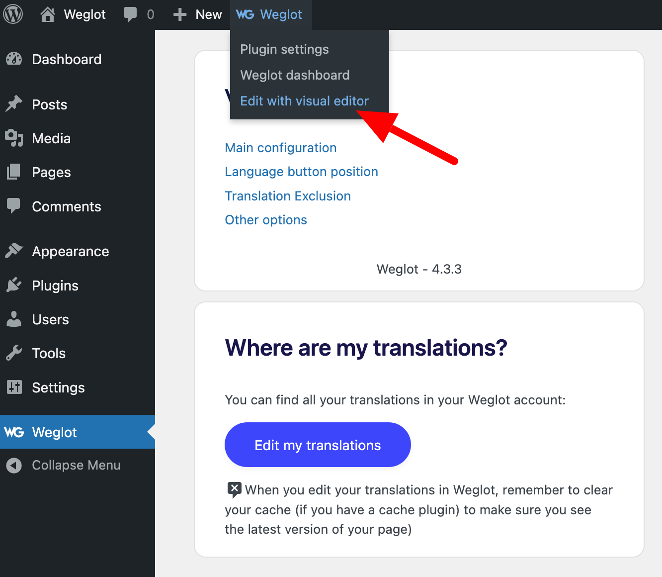 Editing text with Weglot's visual editor on WordPress.