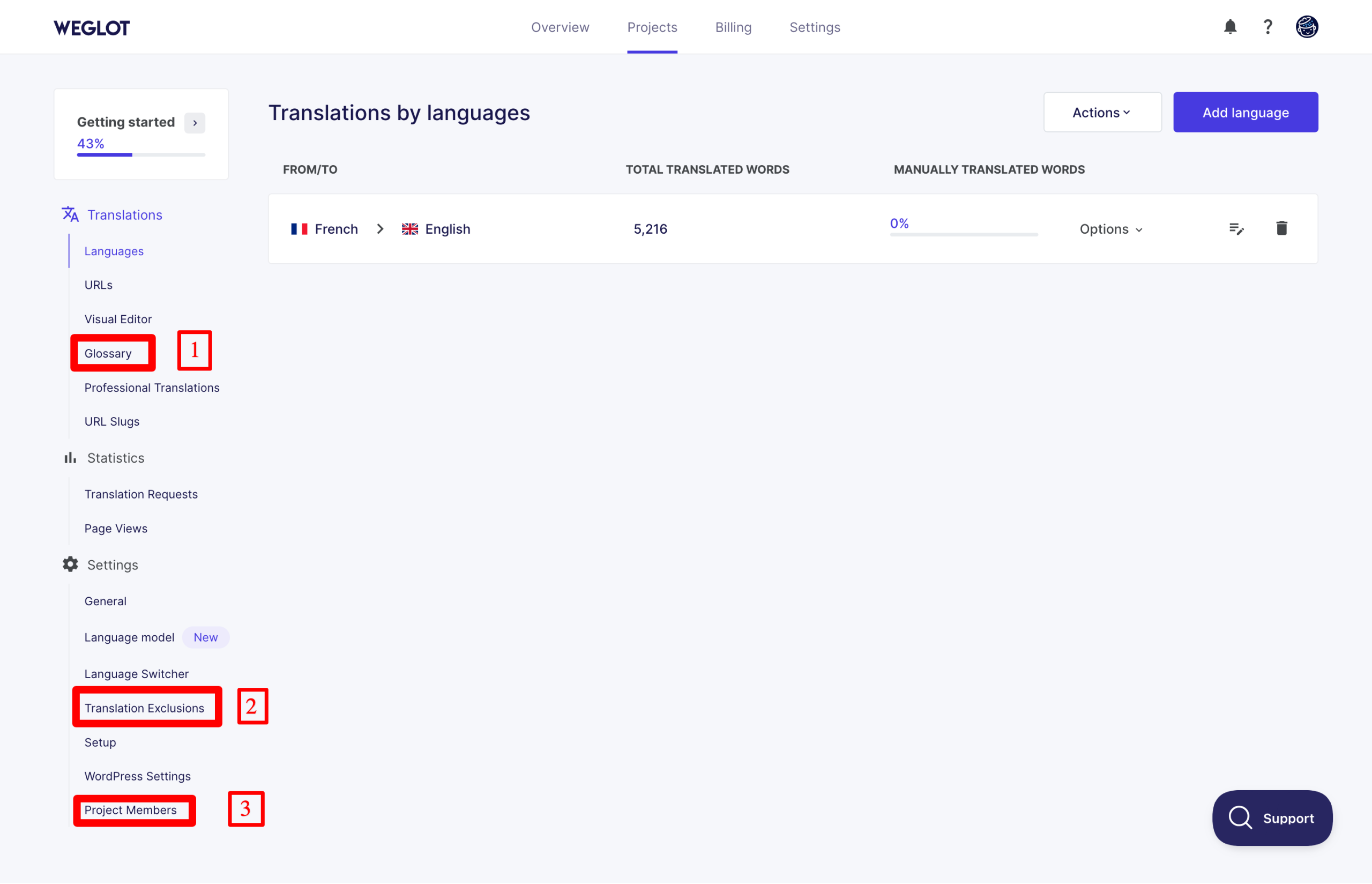 Settings of the Weglot interface.
