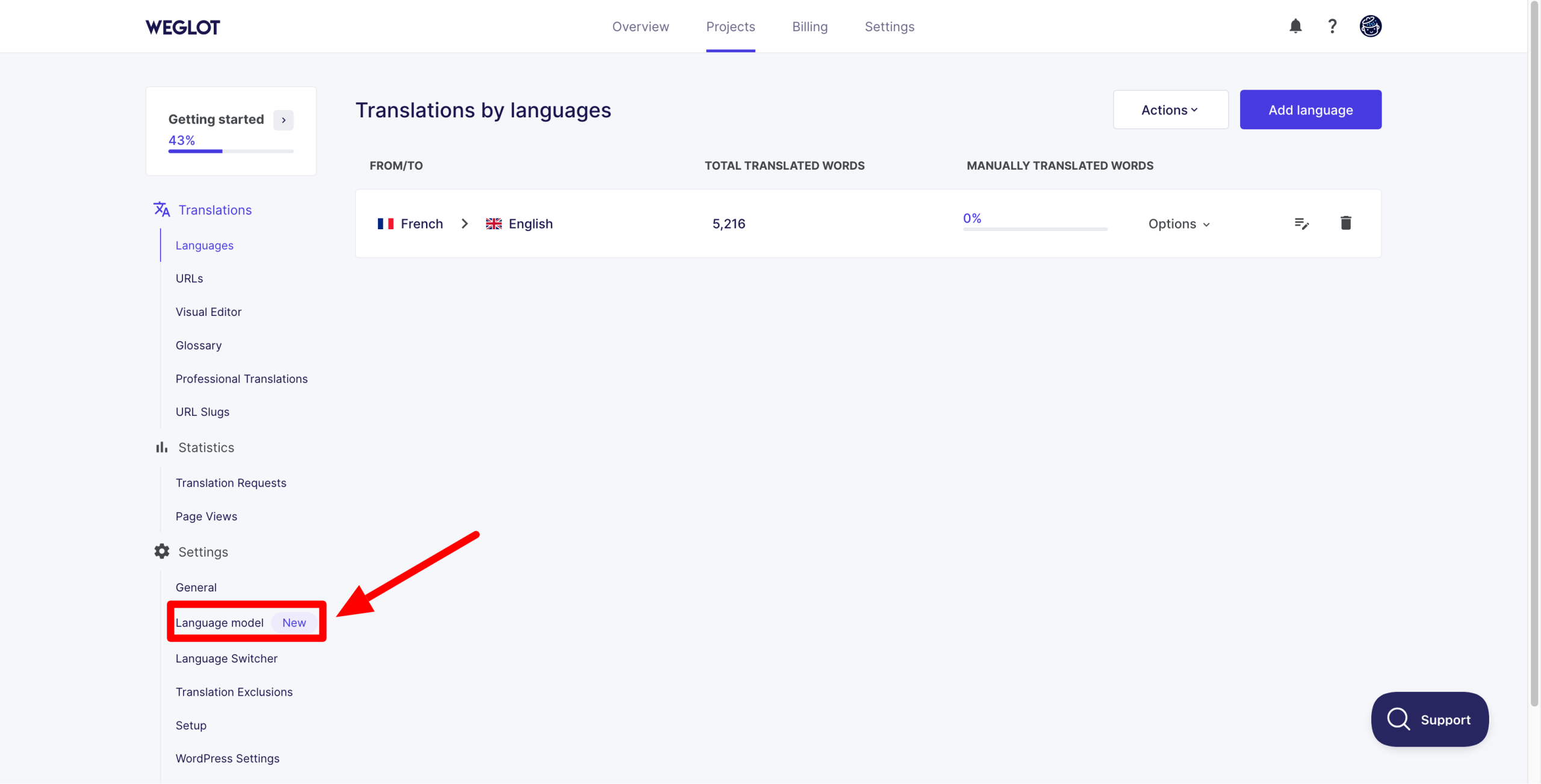 Weglot's Language model menu.