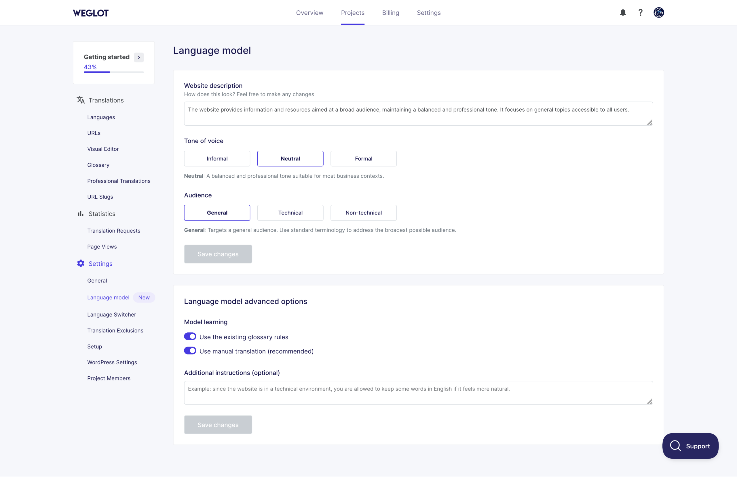 Weglot Language model settings page.