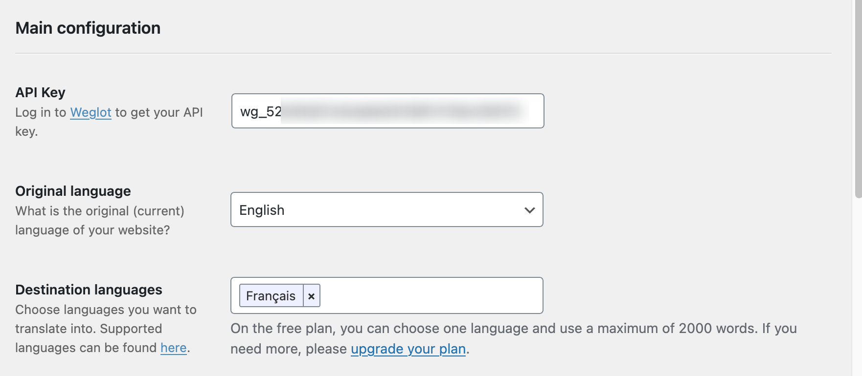 Select the translation language for Weglot on WordPress.