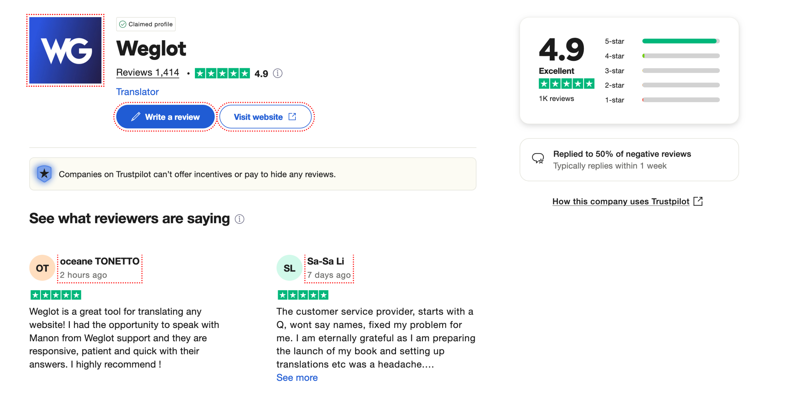 TrustPilot reviews on Weglot