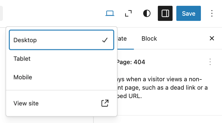 Screenshot of the responsive views in the WordPress site editor: Desktop, Tablet, and Mobile.