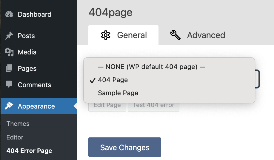 Selecting the 404 page in the Smart Custom 404 Error Page Plugin.