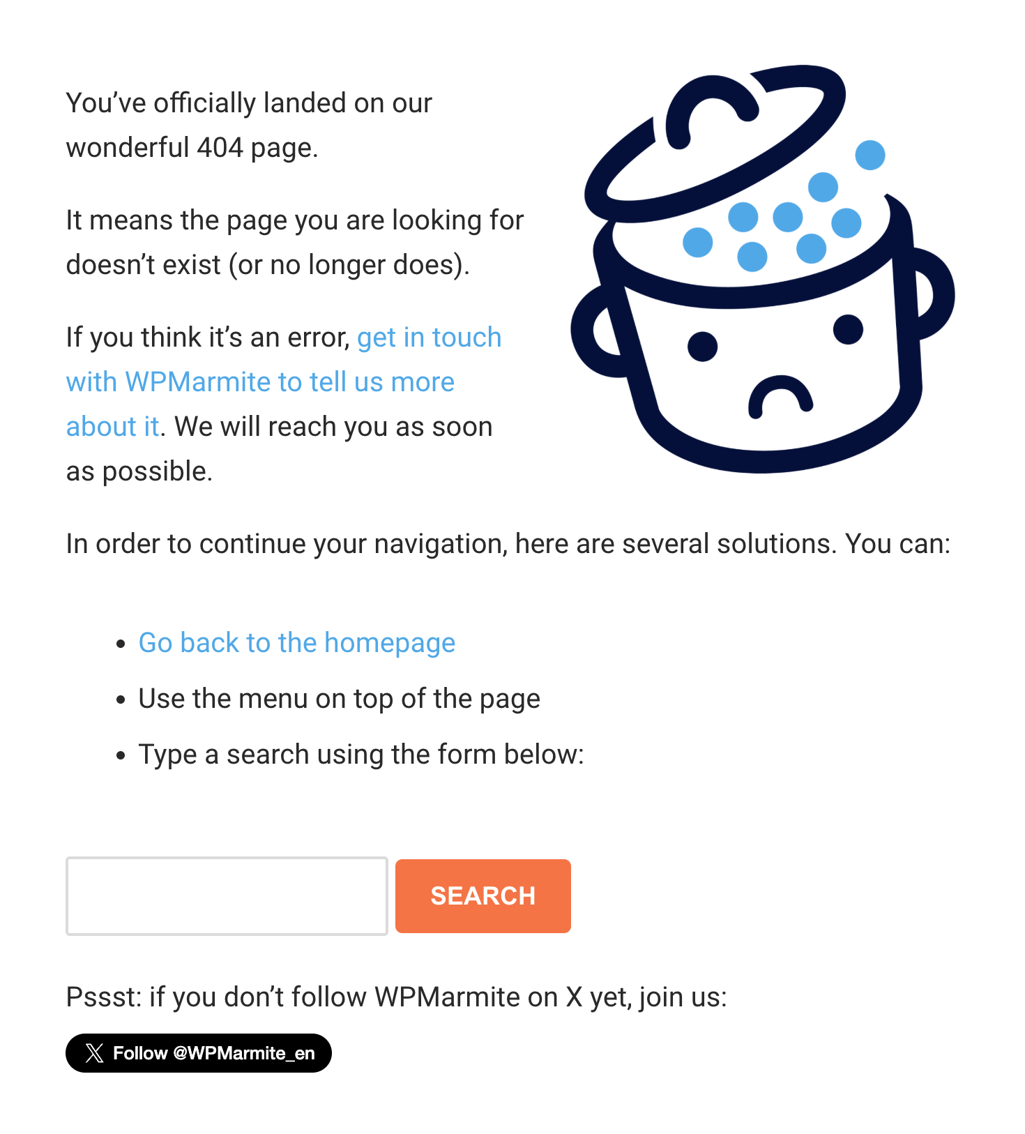 WPMarmite's custom 404 page.