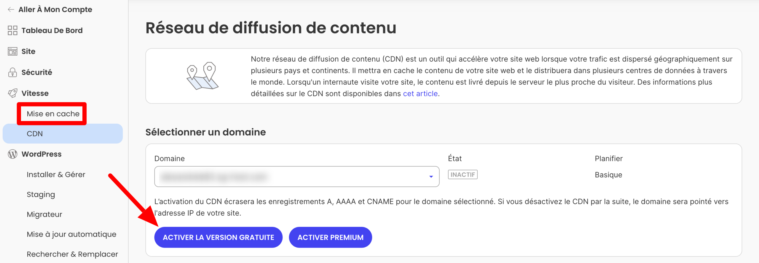 Bouton d'activation de la version gratuite du CDN de SiteGround.