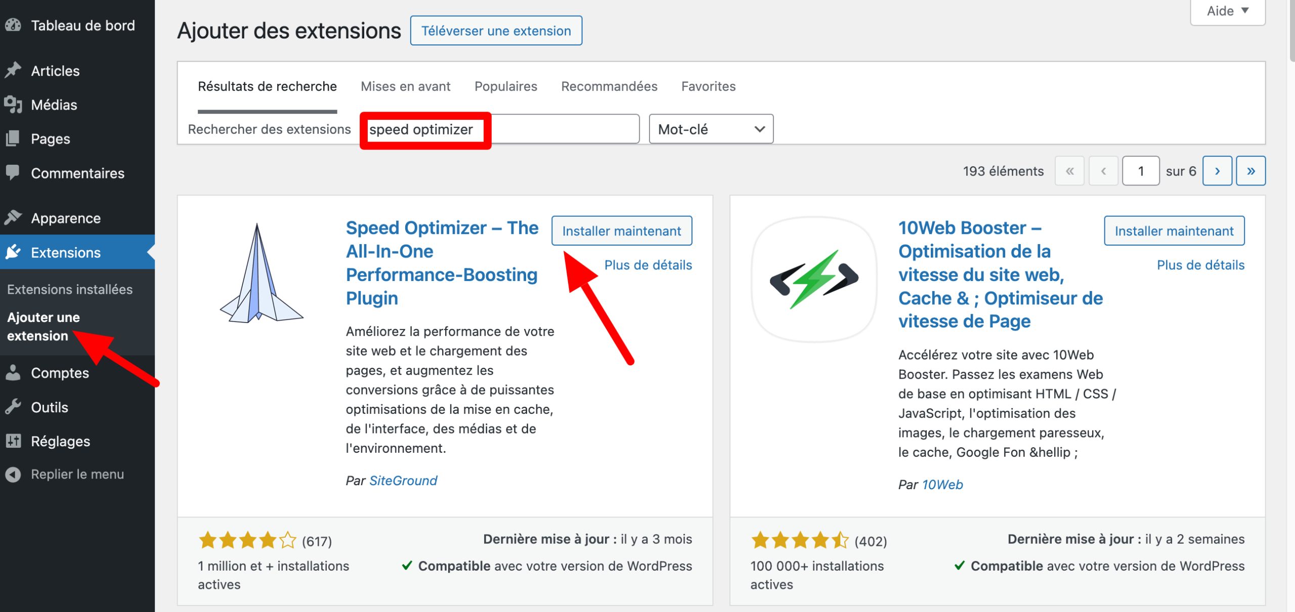 Installation de SiteGround Optimizer sur le back office WordPress.