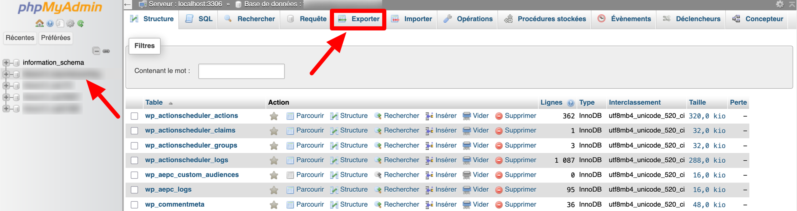 L'onglet Exporrter de phpMyAdmin.