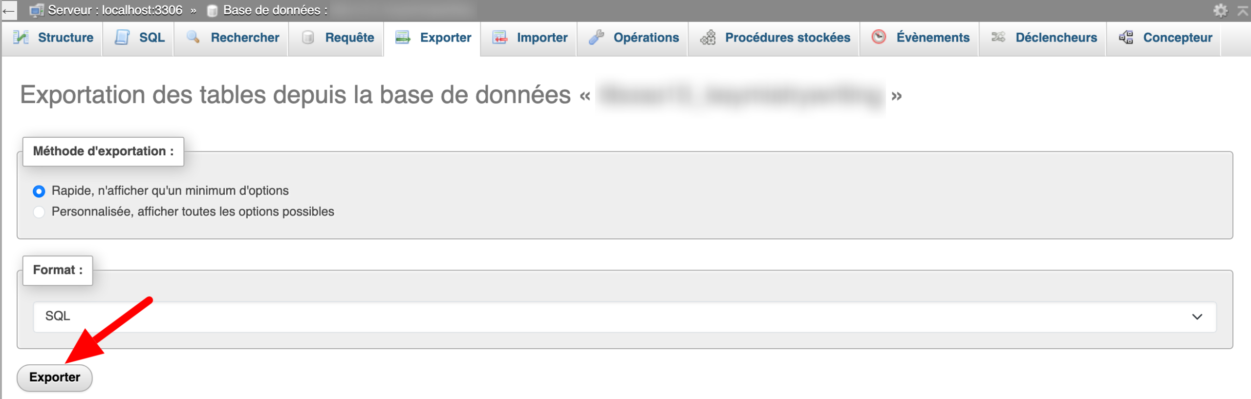 Le bouton Exporter de l'outil phpMyAdmin.