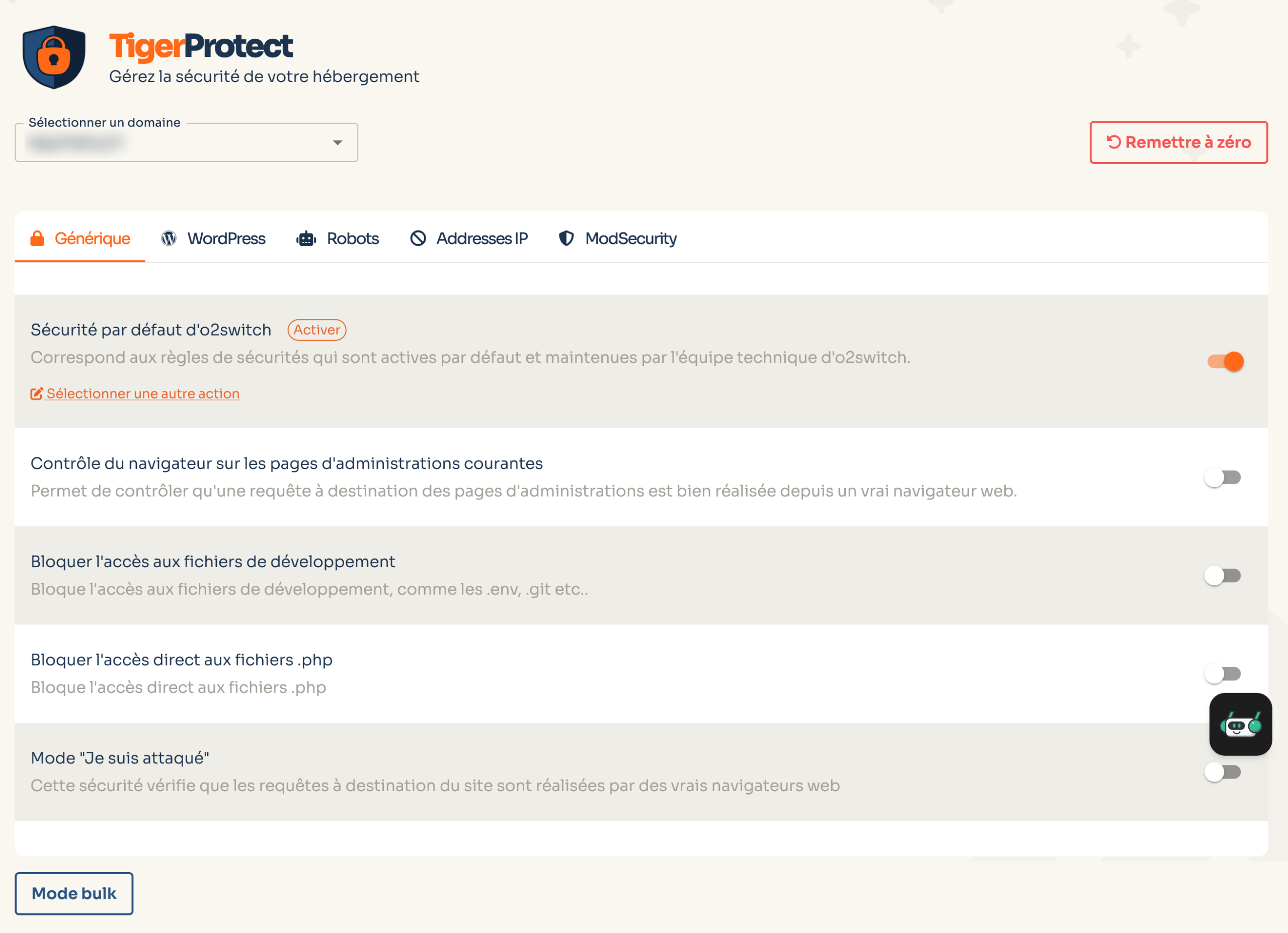 L'interface de Tiger Protect chez o2switch.