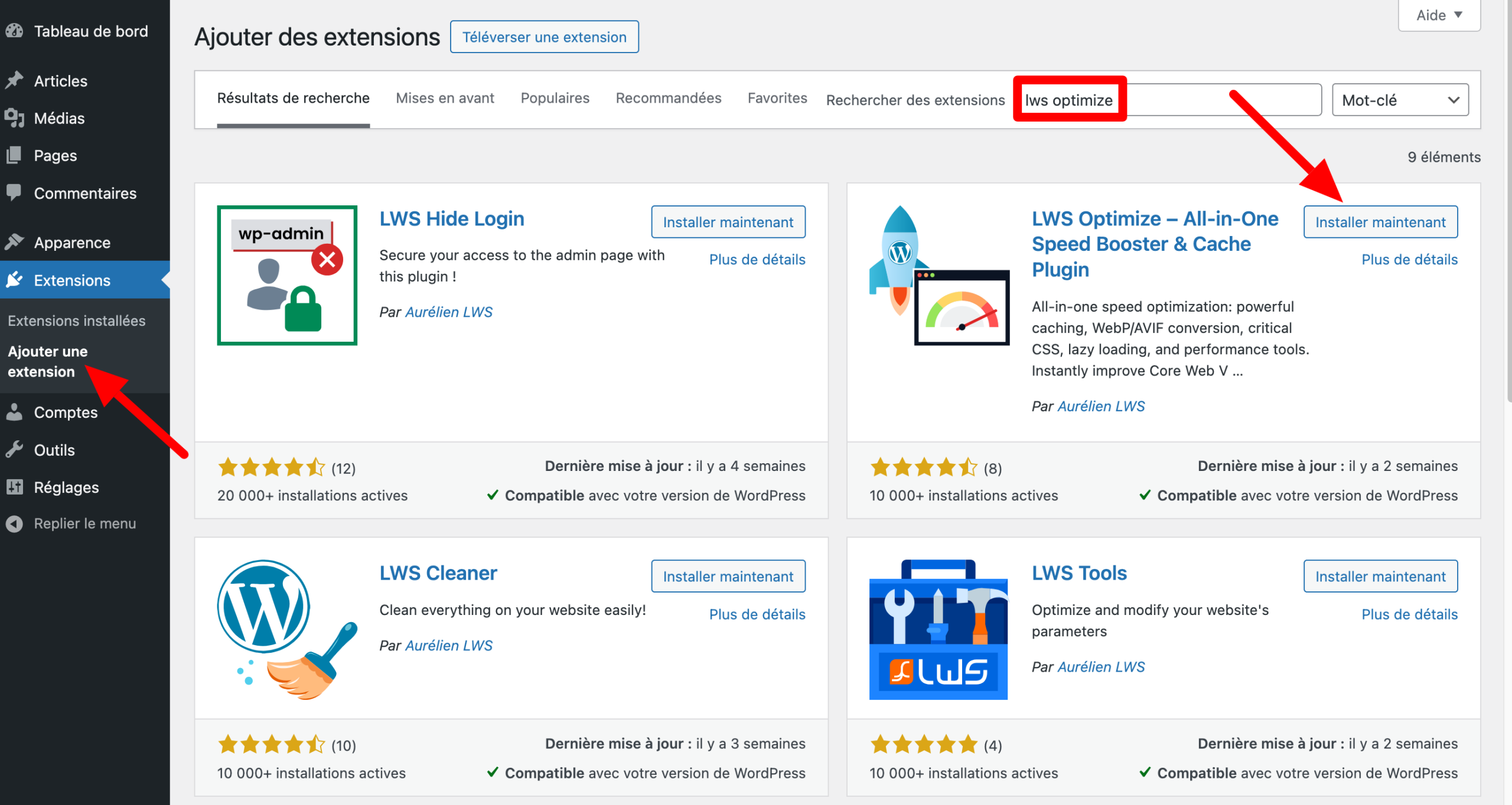 Installation de LWS Optimize sur le back office WordPress.