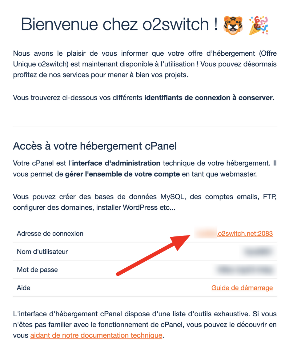 L'email de bienvenue chez o2switch.