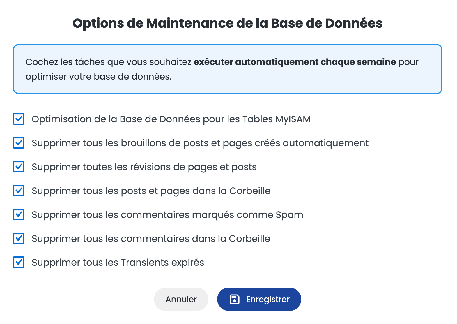 Options de maintenance de base de données de LWS Optimize.