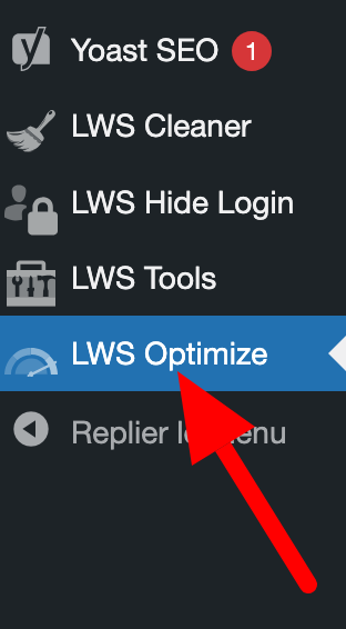 Le menu LWS Optimize sur votre interface WordPress.