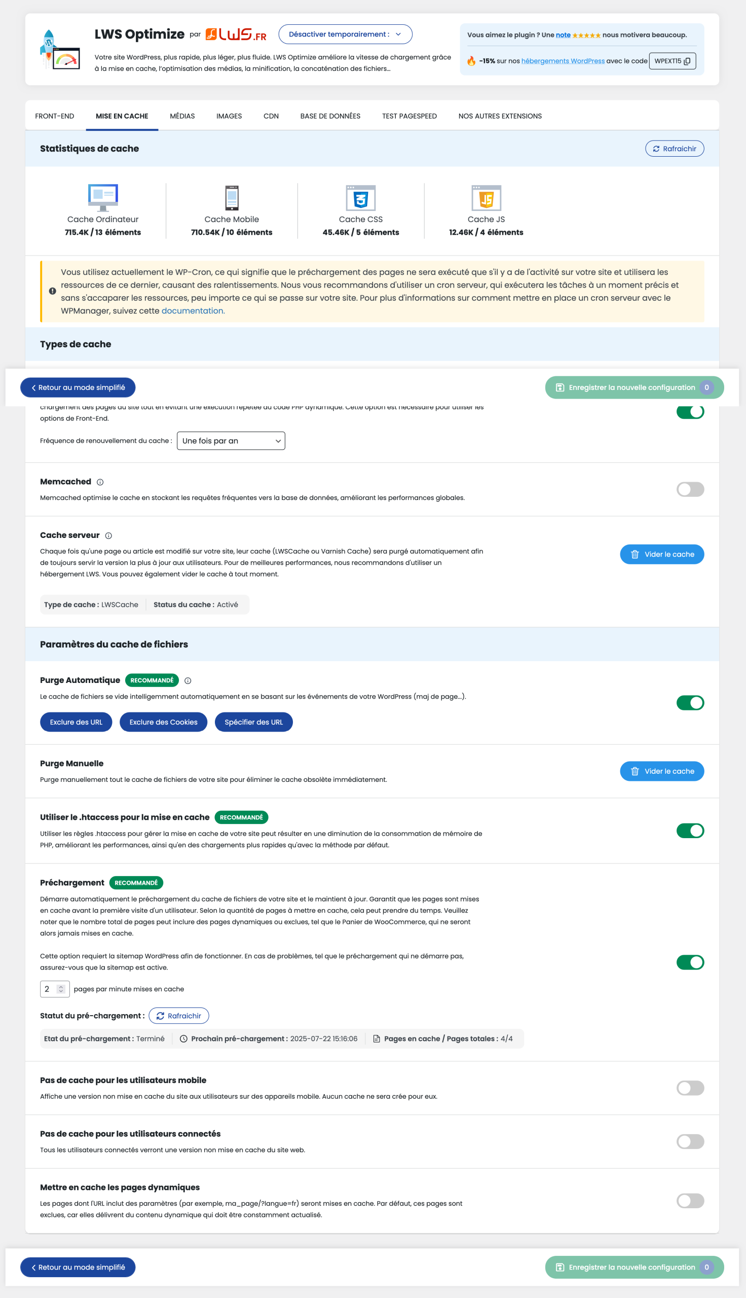 Le menu Mise en cache de LWS Optimize.