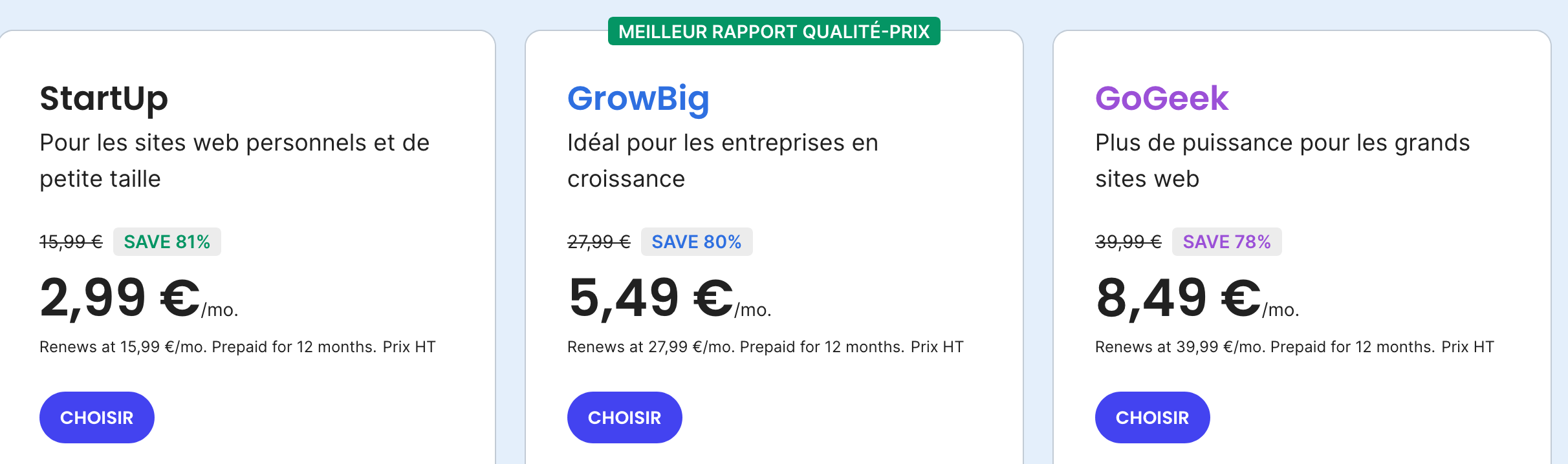 Les offres de prix de SiteGround.