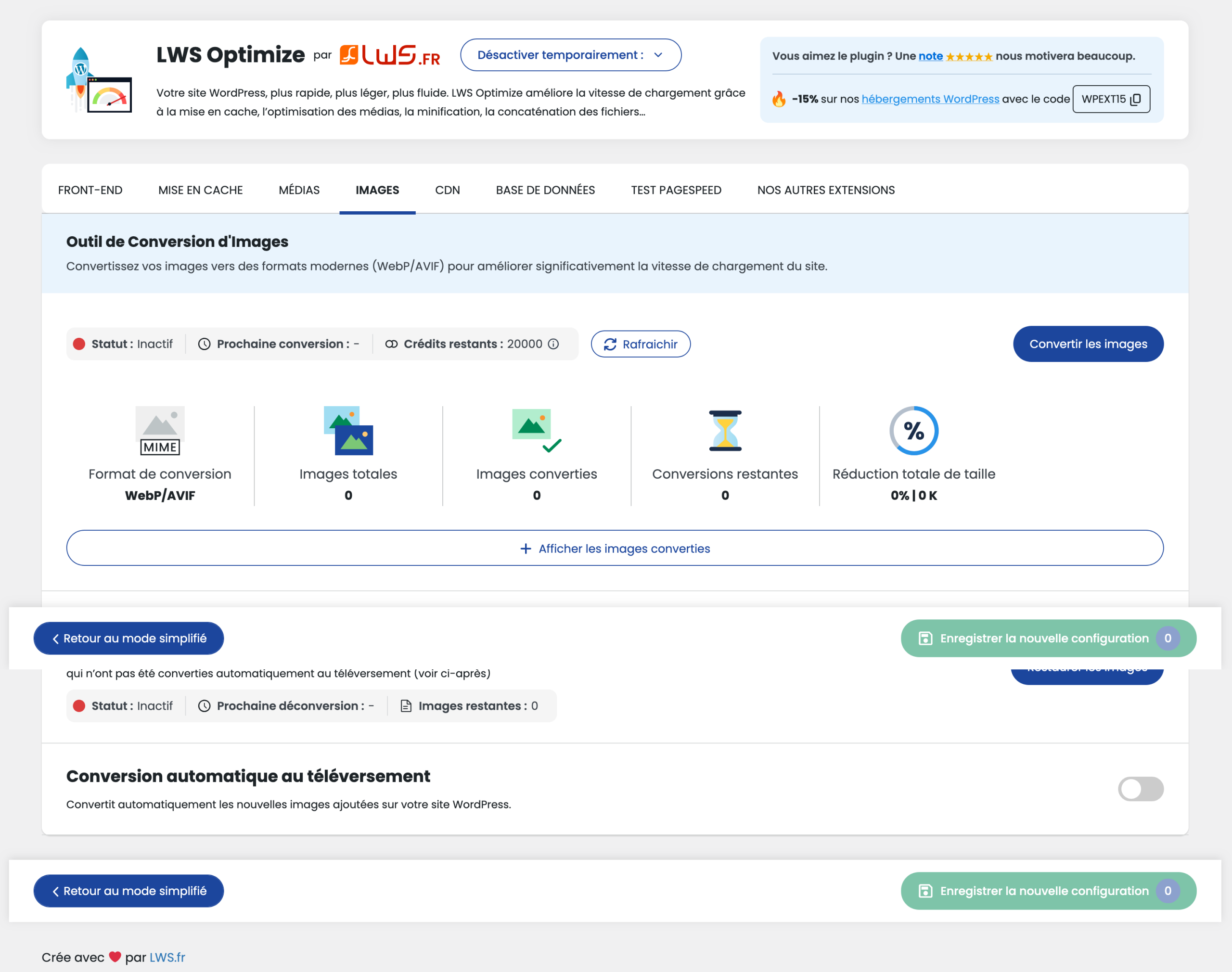 L'onglet d'optimisation des images de LWS Optimize.