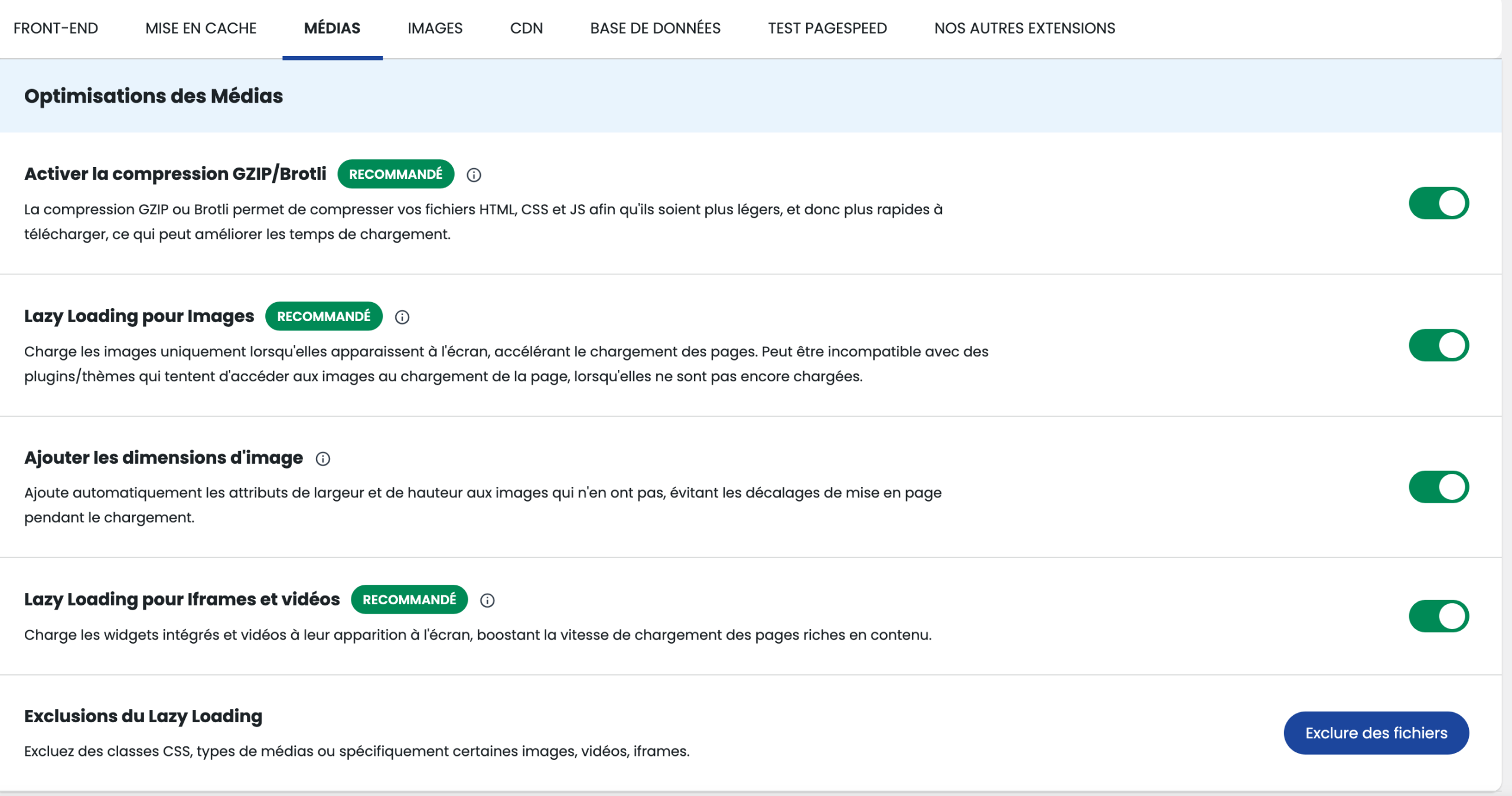 L'onglet Médias de LWS Optimize.