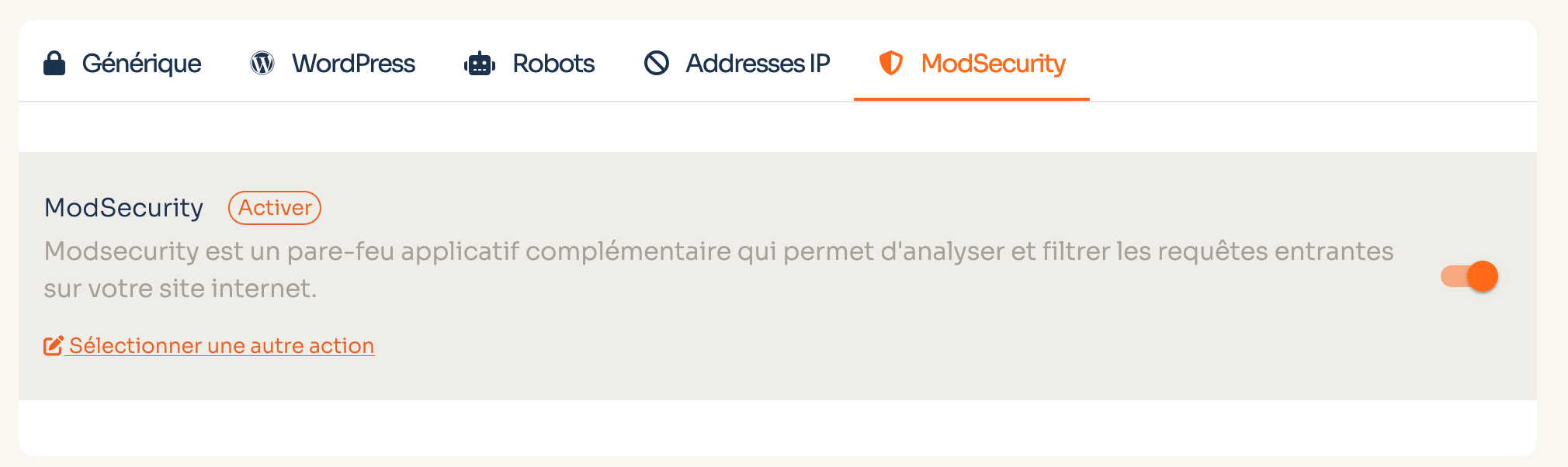 L'onglet ModSecurity de Tiger Protect sur cPanel.