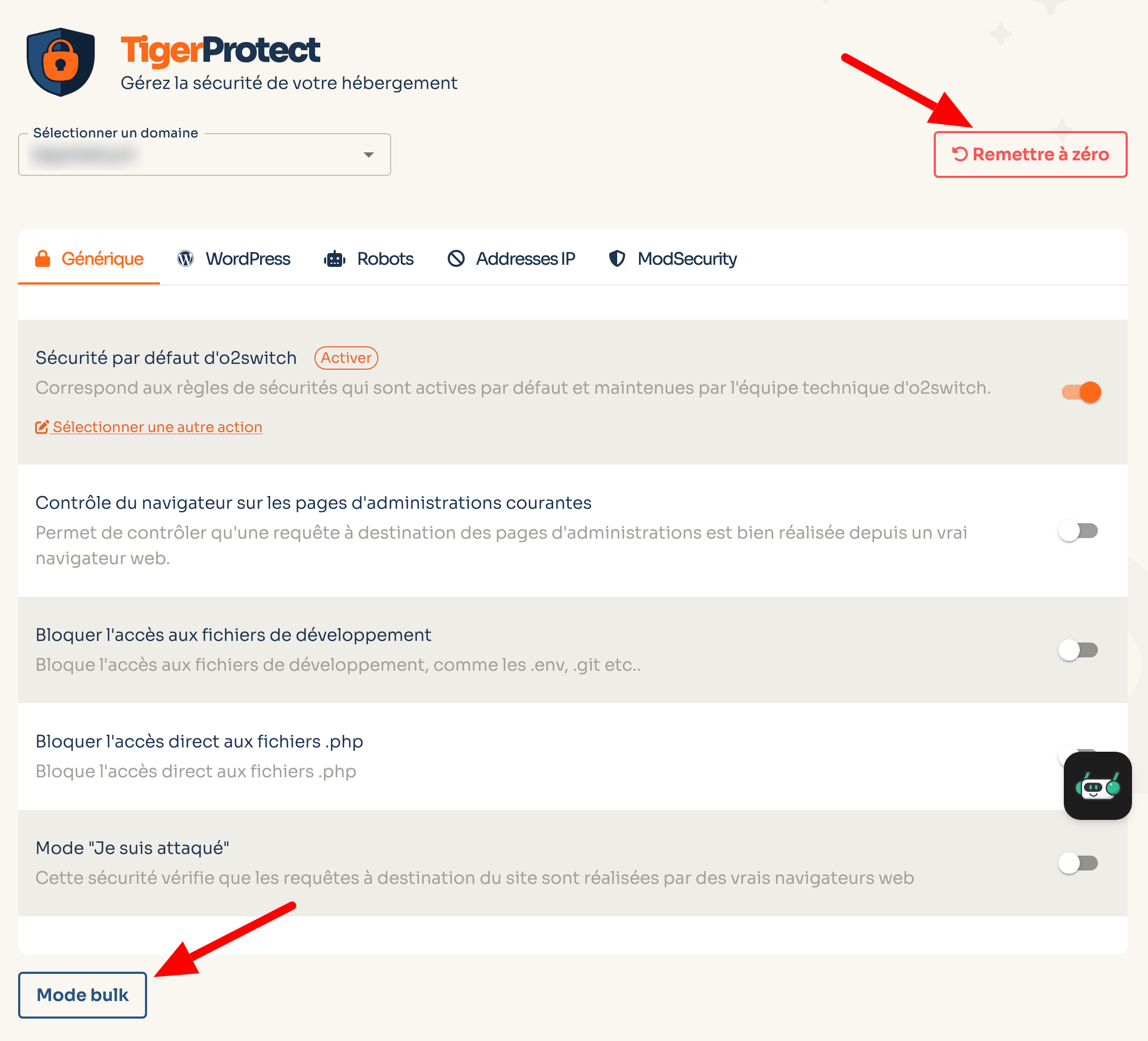 Boutons remise à zéro et mode Bulk de Tiger Protect.