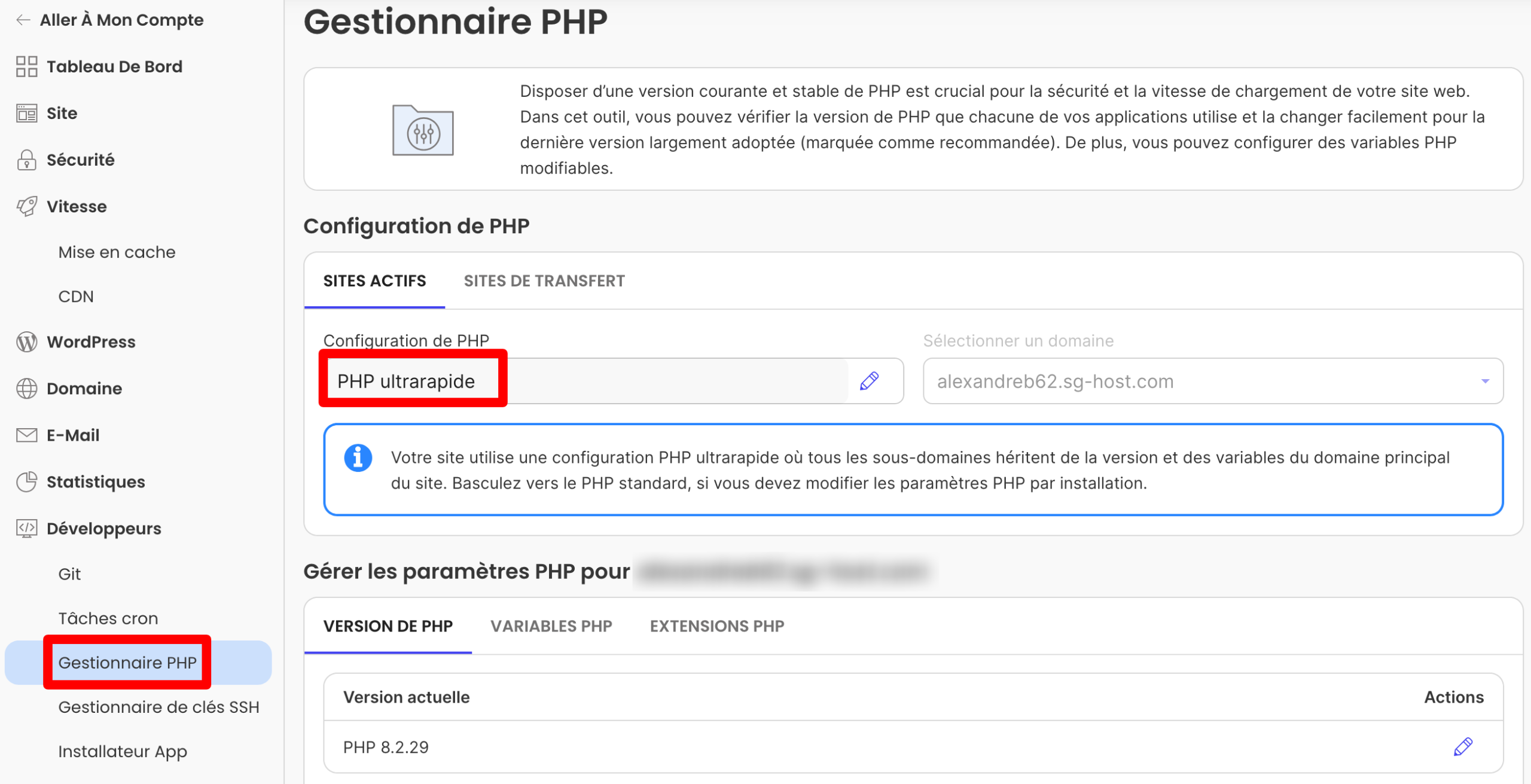 Le gestionnaire PHP de SiteGround.