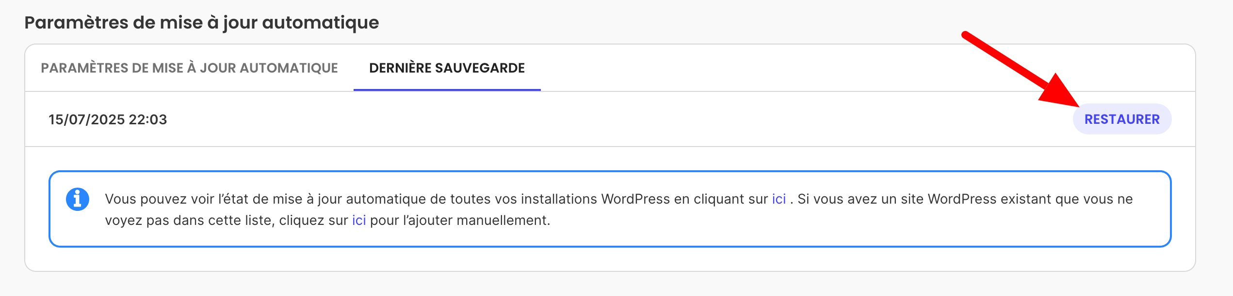 Restauration d'une mise à jour automatique.