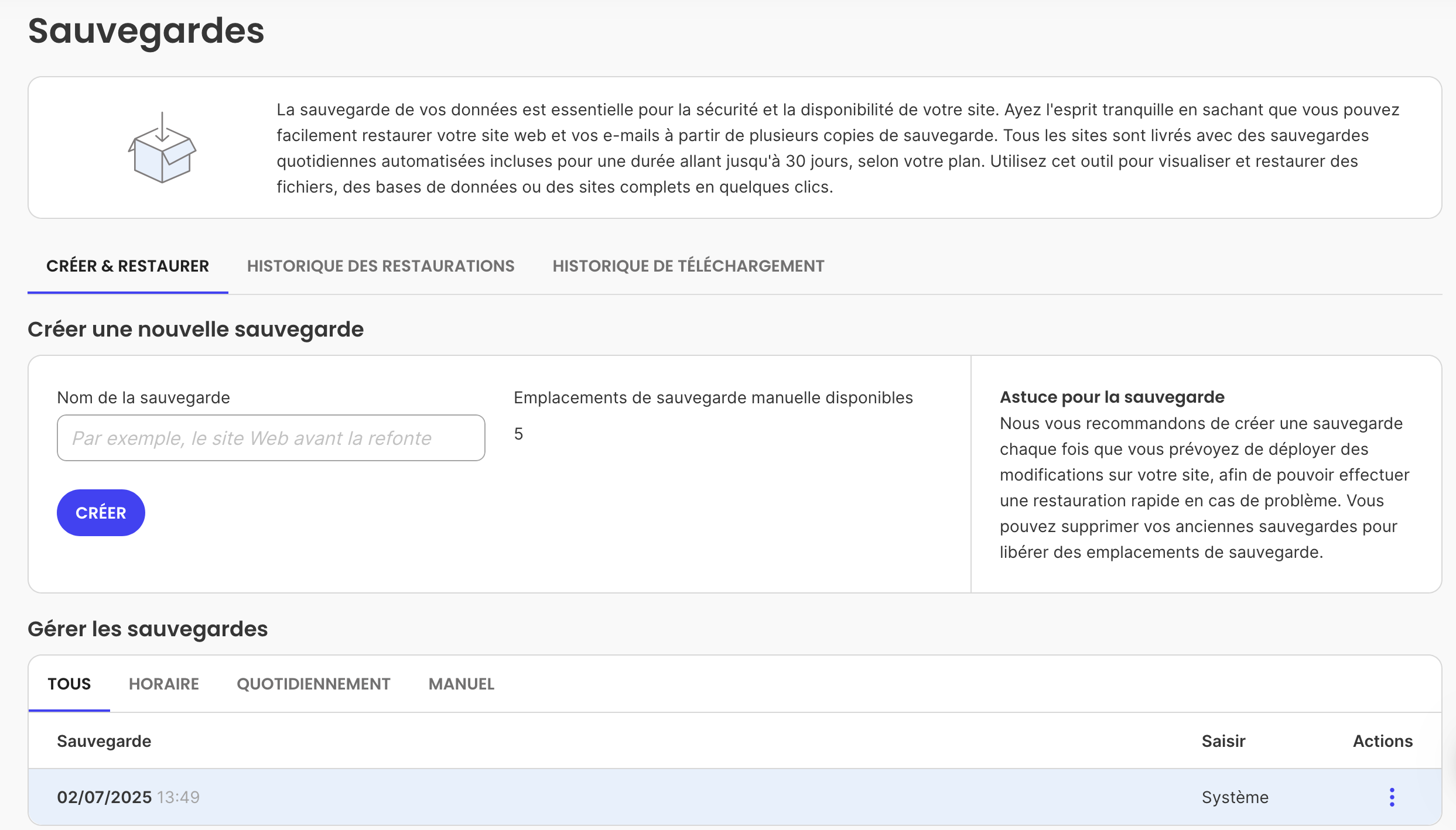 Le menu Sauvegardes de Site Tools.