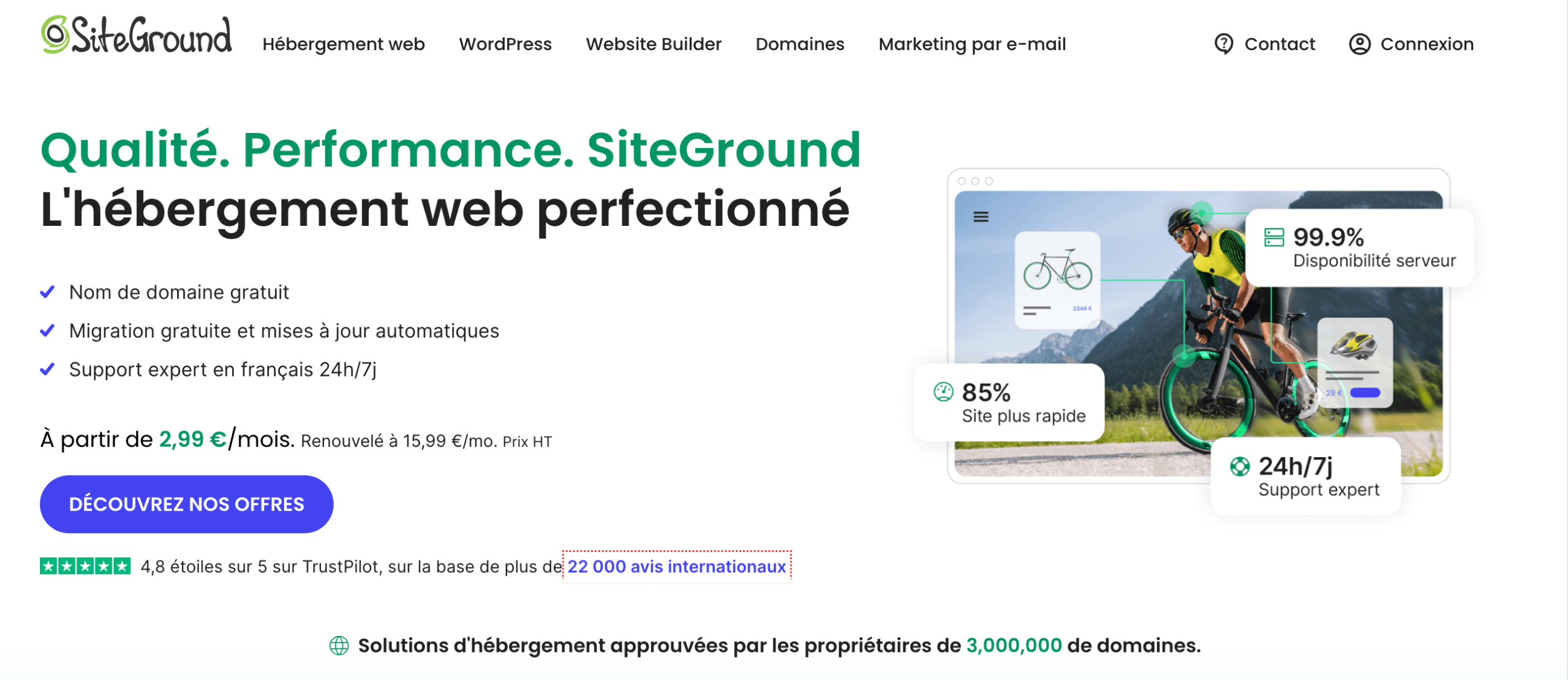 Page d'accueil de l'hébergeur SiteGround.