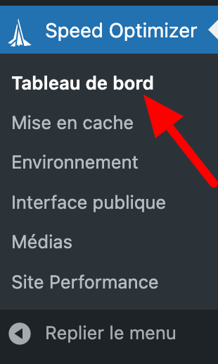 Le menu tableau de bord de Speed Optimizer.