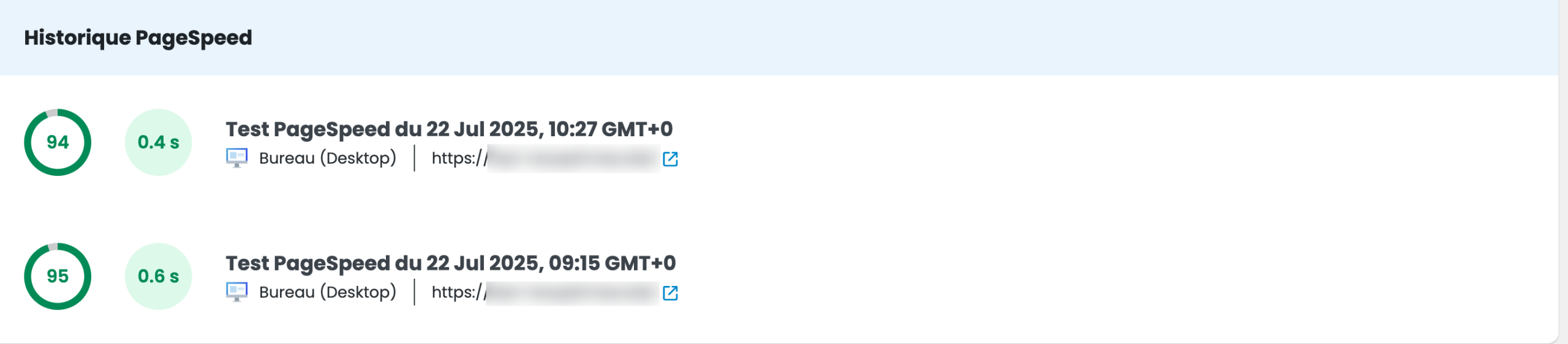 Résultats d'un test de vitesse réalisé avec LWS Optimize.
