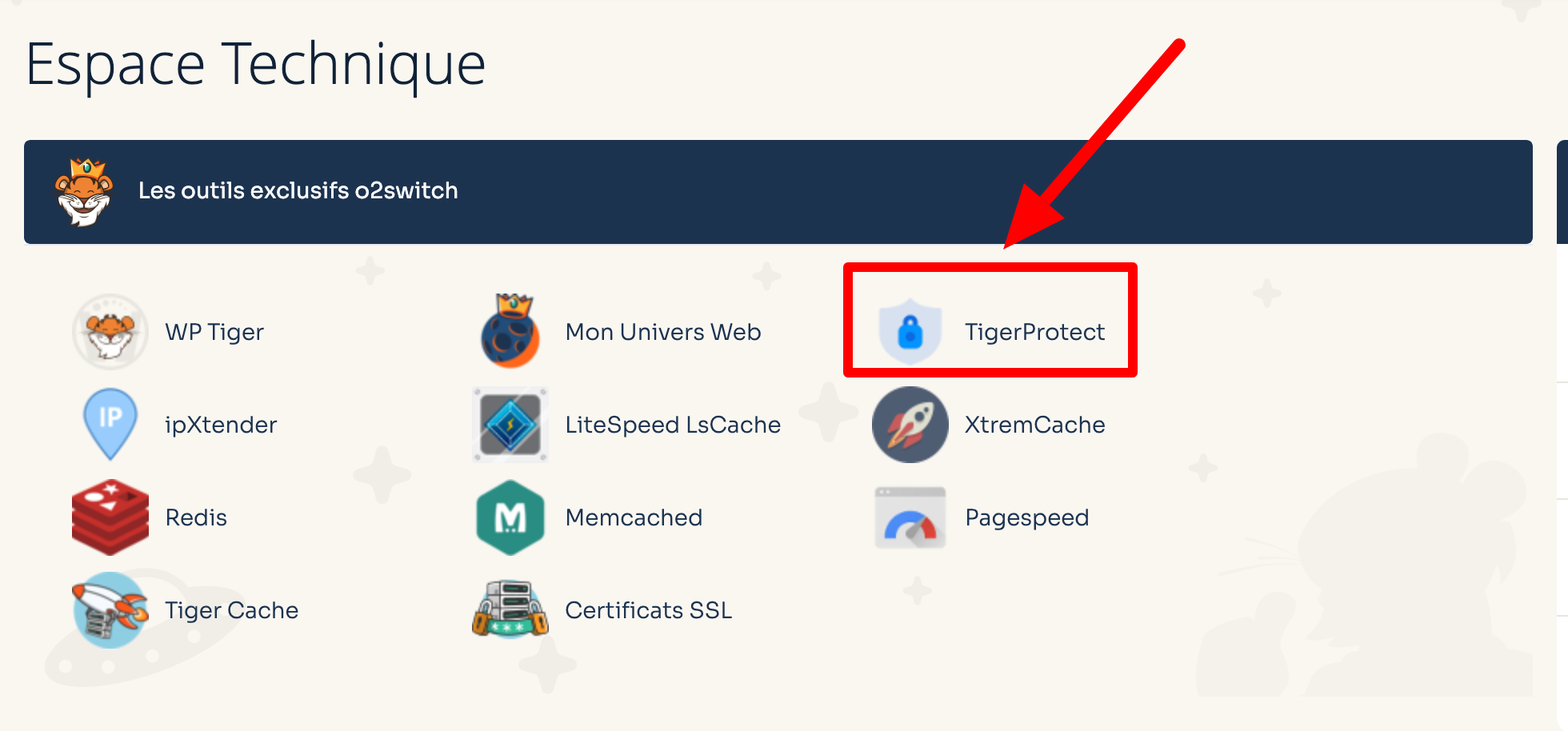 Menu de l'outil Tiger Protect d'o2switch sur cPanel.