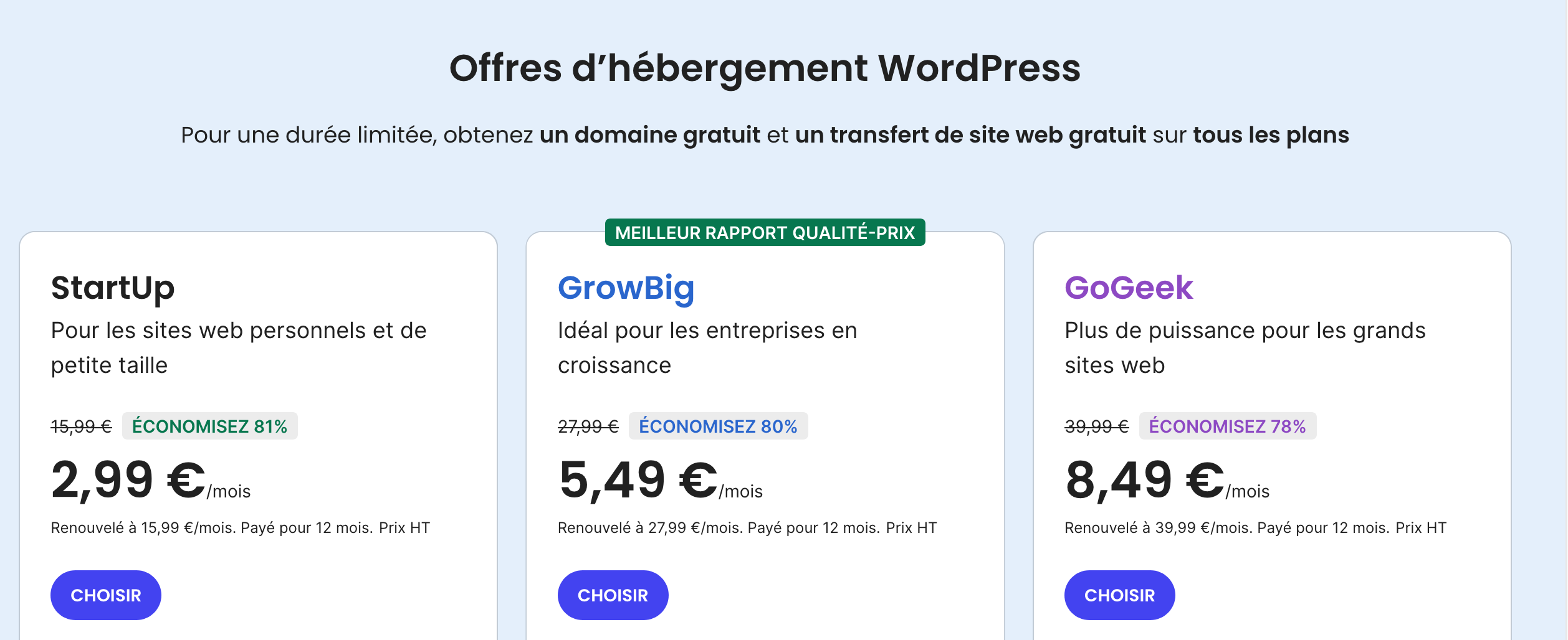 Les offres d'hébergement WordPress proposées par SiteGround.