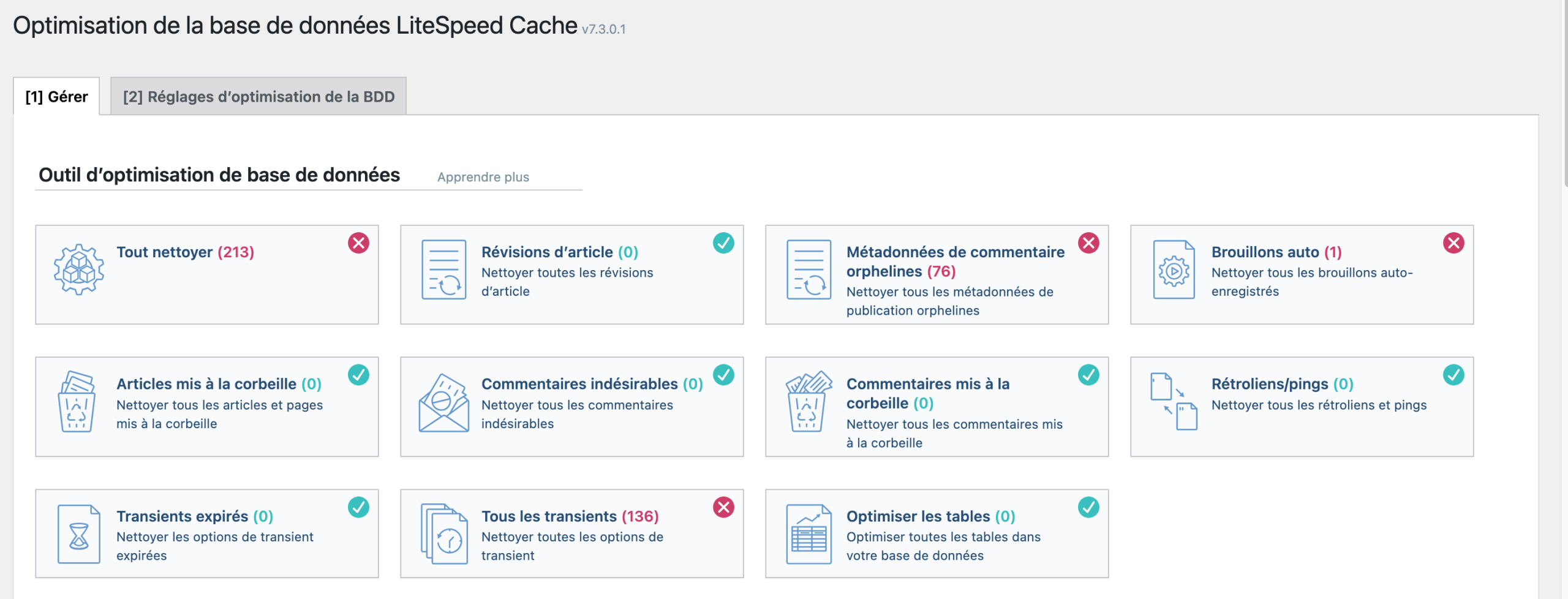 Optimisation de la base de données sur LiteSpeed Cache.