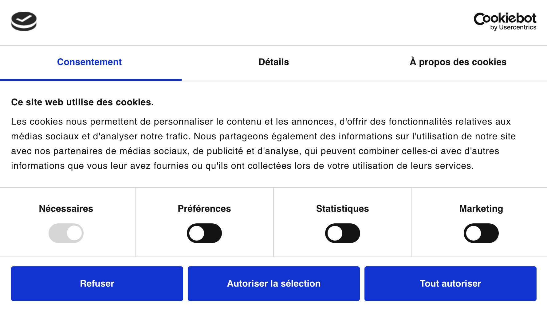 Bannière de consentement en français de Cookiebot.