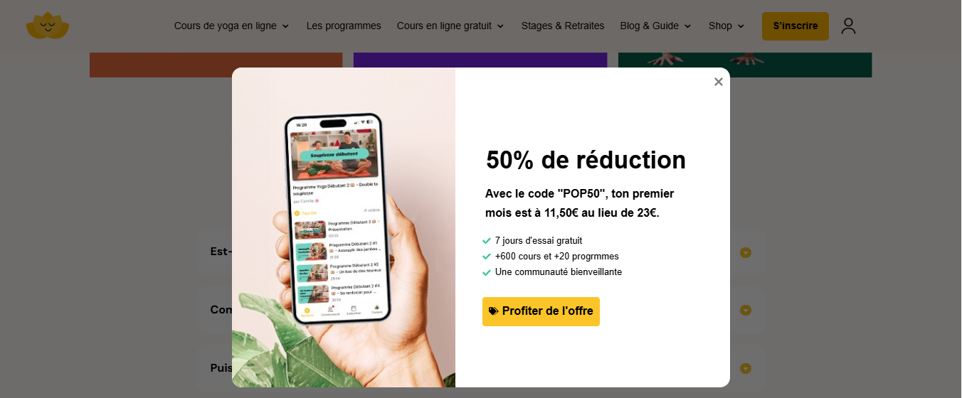 Une fenêtre pop-up sur le site de Cam's Yoga.